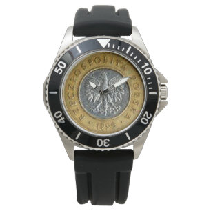 Polnische 2 Zlotych-Münze auf der Rückseite auf zw Armbanduhr