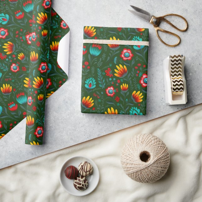 Polnische Folk-Blume Wycinanki Green Geschenkpapier (Kunsthandwerk)