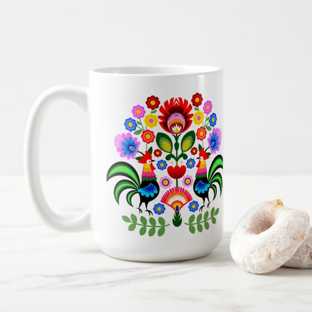 Polnische Volkskunst - Blumenstickermuster Kaffeetasse (Mit Donut)