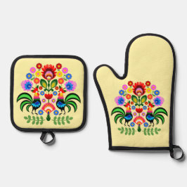 Polnische Volkskunst - Blumenstickermuster Ofenhandschuh & Topflappen-Set