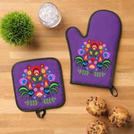 Polnische Volkskunst - Blumenstickermuster Ofenhandschuh & Topflappen-Set