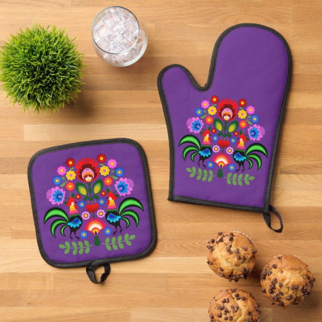 Polnische Volkskunst - Blumenstickermuster Ofenhandschuh & Topflappen-Set (Oben Unten)