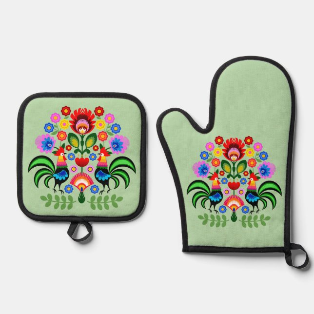 Polnische Volkskunst - Blumenstickermuster Ofenhandschuh & Topflappen-Set (Vorderseite)