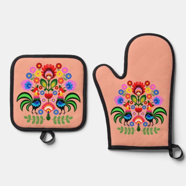 Polnische Volkskunst - Blumenstickermuster Ofenhandschuh & Topflappen-Set (Vorderseite)