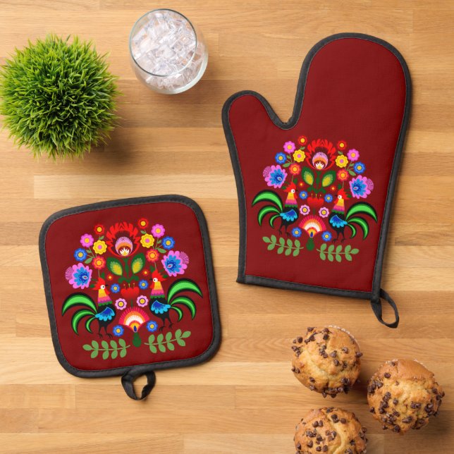 Polnische Volkskunst - Blumenstickermuster Ofenhandschuh & Topflappen-Set (Oben Unten)