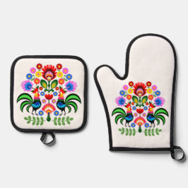 Polnische Volkskunst - Blumenstickermuster Ofenhandschuh & Topflappen-Set