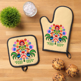 Polnische Volkskunst - Blumenstickermuster Ofenhandschuh & Topflappen-Set