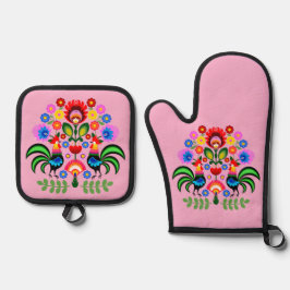 Polnische Volkskunst - Blumenstickermuster Ofenhandschuh & Topflappen-Set