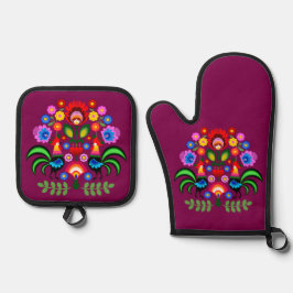Polnische Volkskunst - Blumenstickermuster Ofenhandschuh & Topflappen-Set