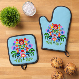 Polnische Volkskunst - Blumenstickermuster Ofenhandschuh & Topflappen-Set