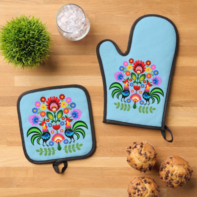 Polnische Volkskunst - Blumenstickermuster Ofenhandschuh & Topflappen-Set (Oben Unten)
