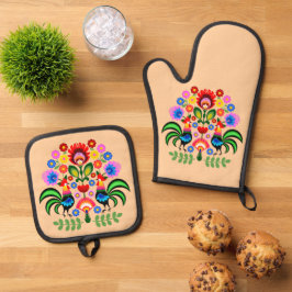 Polnische Volkskunst - Blumenstickermuster Ofenhandschuh & Topflappen-Set