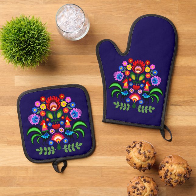 Polnische Volkskunst - Blumenstickermuster Ofenhandschuh & Topflappen-Set (Oben Unten)