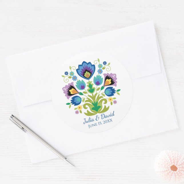Polnischer Folk Blume Blauer Lavendel Runder Aufkleber (Umschlag)