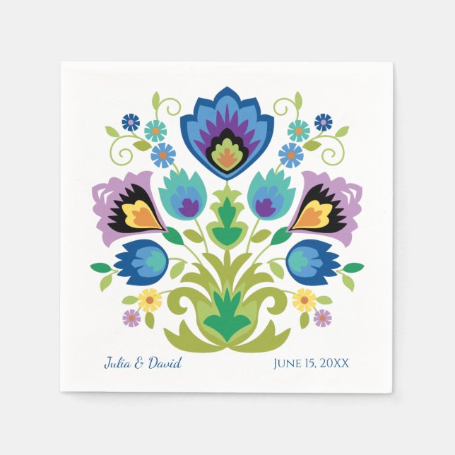 Polnischer Folk Blume Blauer Lavendel Serviette (Vorderseite)