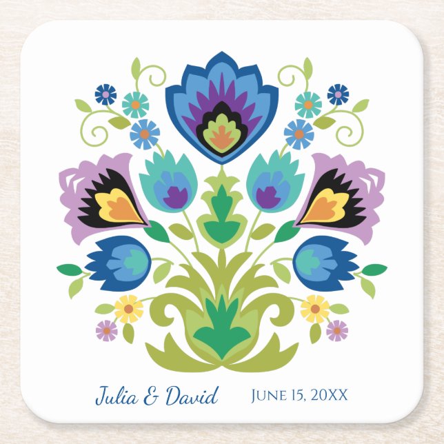 Polnischer Folk Blume Blue Lavender Paper Unterset Rechteckiger Pappuntersetzer (Vorderseite)