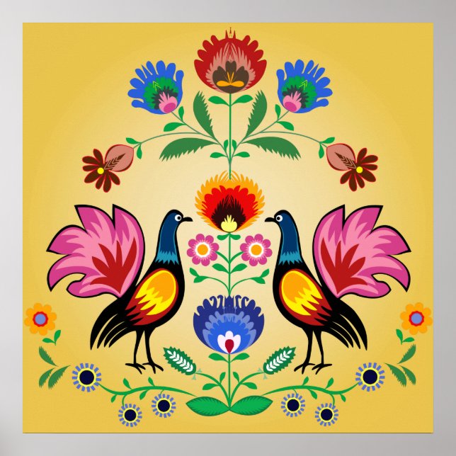 Polnischer Folk mit dekorativen Blüten und Hähnche Poster (Vorne)