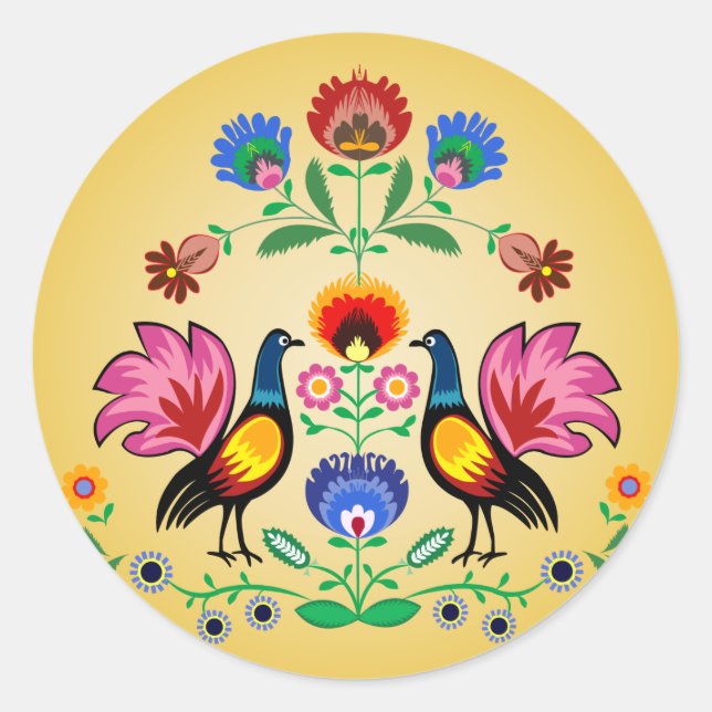 Polnischer Folk mit dekorativen Blüten und Hähnche Runder Aufkleber (Vorderseite)