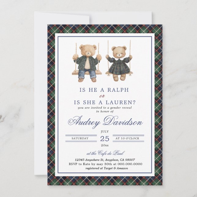 Polo Gender Reveal Tartan Plaid Einladung (Vorderseite)