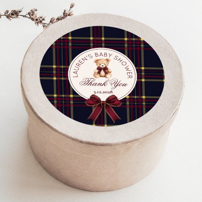 Polo Teddy Bear Christmas Bow Kariert Danke Runder Aufkleber (Von Creator hochgeladen)