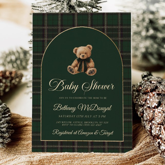 Polo Teddy Bear Tartan Preppy Baby Dusche Folieneinladung (polo bear invitation, green tartan baby shower, preppy baby shower, foil invitation, classic baby sh)