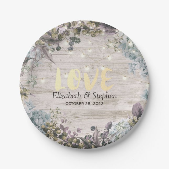 Polterabend Blumenstrauß und rustikales Holz Pappteller (Vorderseite)