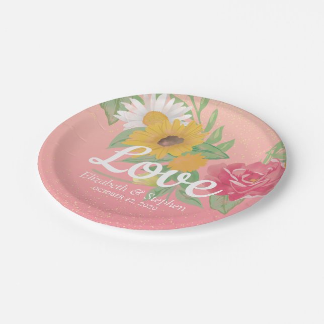 Polterabend Chic Rose Blume Pink Gold Glitzer Pappteller (Schrägansicht)