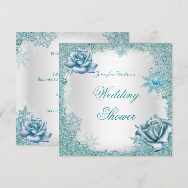 Polterabend Glitzer Aquamarin Blue White Roses Einladung (Vorne/Hinten)