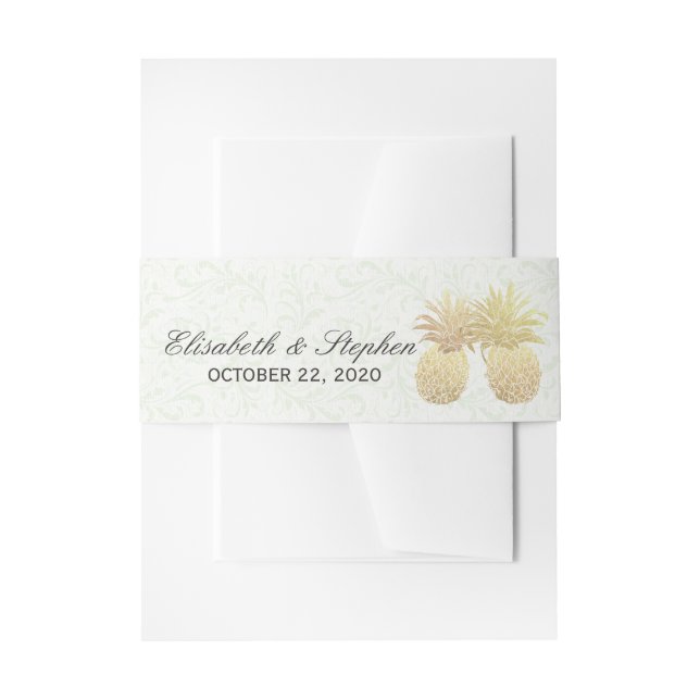 Polterabend Gold Foil Ananas Damask Paper Einladungsbanderole (Vorderseite Beispiel)