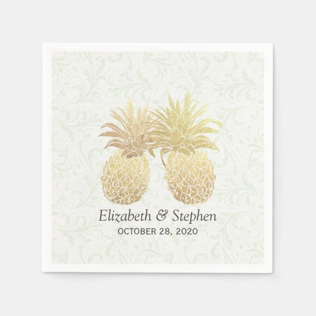 Polterabend Gold Foil Ananas Damask Paper Serviette (Vorderseite)