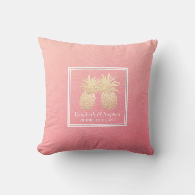 Polterabend Goldene Ananas Pastellrosa Rosen Kissen (Vorderseite)