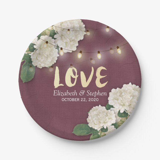 Polterabend Hydrangea String Light Burgundy Red Pappteller (Vorderseite)