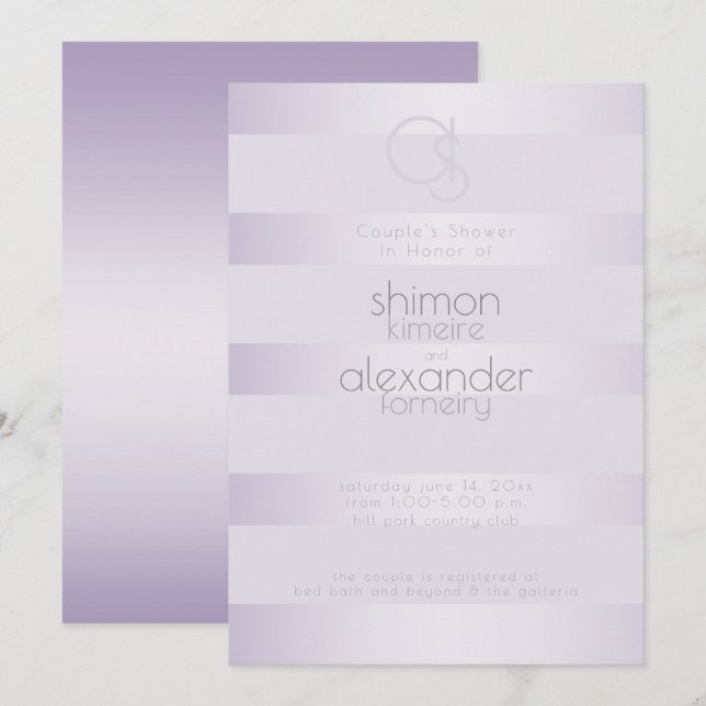 Polterabend | Lilac Shimmer Stripes Monogramm Einladung (Vorne/Hinten)