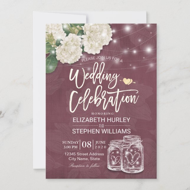 Polterabend Mason Jar Hydrangea Lights Burgundy Einladung (Vorderseite)