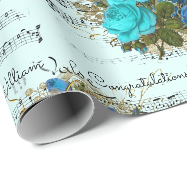 Polterabend Namen Aquamarin Blue Rose Ephemera hin Geschenkpapier (Rolleneckpunkt)