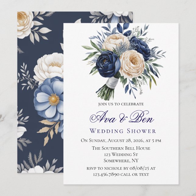 Polterabend Navy Blue und Elfenbeinblume Einladung (Vorne/Hinten)