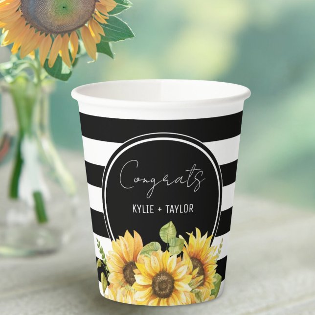 Polterabend Sonnenblumen Schwarz und Weiß Streifen Pappbecher (Von Creator hochgeladen)