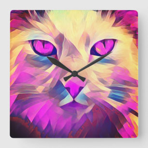 Polygon Pink Cute Cat Face Wall Clock Quadratische Wanduhr