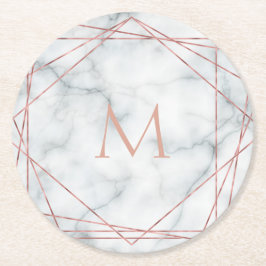Polygonale Rose Gold Monogramm auf weißem Marmorst Runder Pappuntersetzer