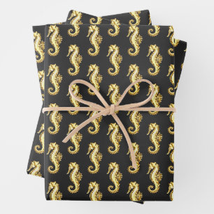 Polygonales Gold-Seepferd Geschenkpapier Set