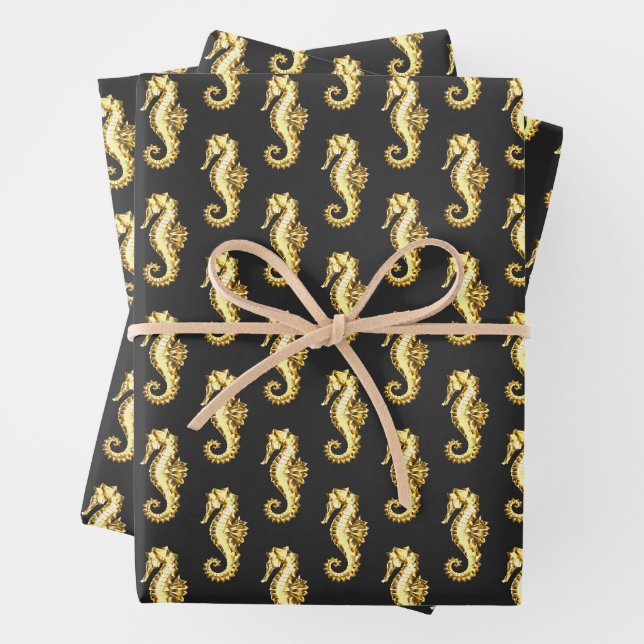 Polygonales Gold-Seepferd Geschenkpapier Set (Beispiel)