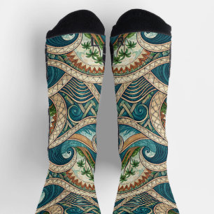 Polynesien-Tropische-Wellen-Palmen-Mustername Socken