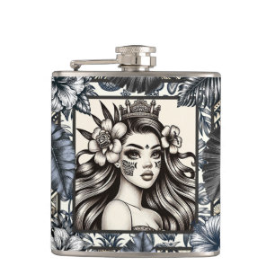 Polynesische Prinzessin Blaue Blumen Tribal Flachmann