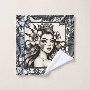 Polynesische Prinzessin Blaues Blumen-Tribal Badhandtuch Set