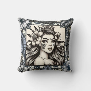 Polynesische Prinzessin Blaues Blumen-Tribal Kissen