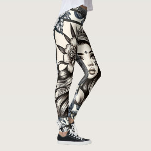 Polynesische Prinzessin Blaues Blumen-Tribal-Muste Leggings