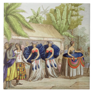 Polynesische Tänzerinnen, graviert von A. Bernati Fliese
