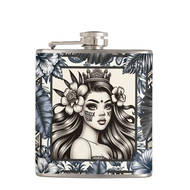 Polynesischer Prinzessin Blauer Blumenstamm Flachmann (Vorderseite)