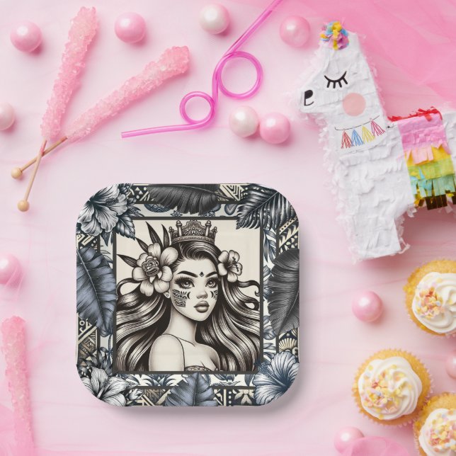 Polynesischer Prinzessin Blauer Blumenstamm Pappteller (Party)