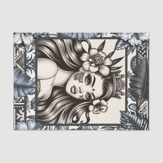 Polynesischer Prinzessin Blauer Blumenstamm Seidenpapier (Vorderseite)